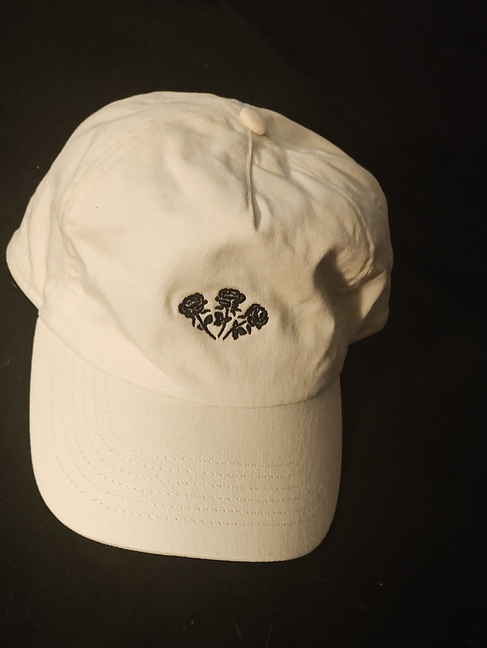White Women's Baseball Cap with Embroidered Black Rose Detail